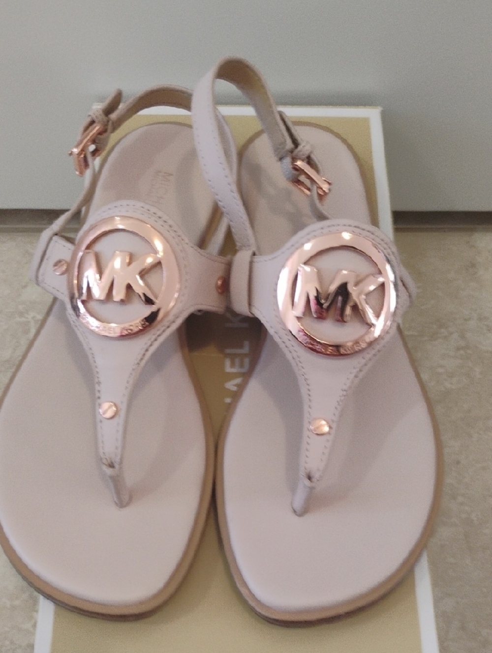 Michael Kors Blush Leather Logo Thong Sandals with Rose Gold Accent